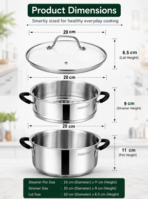 Pradeep Stainless Steel Steamer Pot with Glass Lid|2 Tier Multipurpose Steamer Pot for Modak,Momo,Dhokla,Idiyappam & Vegetable Steamer|Heavy Triply Bottom|Induction & Gas Compatible Cookware