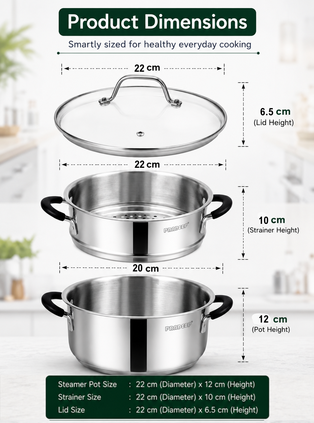 Pradeep Stainless Steel Steamer Pot with Glass Lid|2 Tier Multipurpose Steamer Pot for Modak,Momo,Dhokla,Idiyappam & Vegetable Steamer|Heavy Triply Bottom|Induction & Gas Compatible Cookware