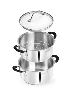 Pradeep Stainless Steel Steamer Pot with Glass Lid|2 Tier Multipurpose Steamer Pot for Modak,Momo,Dhokla,Idiyappam & Vegetable Steamer|Heavy Triply Bottom|Induction & Gas Compatible Cookware