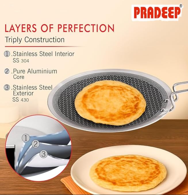 PRADEEP Stainless Steel Triply Non-Stick Honeycomb Roti Tawa 28cm|Concave Style|SS Riveted Handle|Gas & Induction Base|for Chapati,Naan, Dosa,Uthappam...