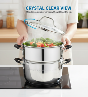 Pradeep Stainless Steel Steamer Pot with Glass Lid|2 Tier Multipurpose Steamer Pot for Modak,Momo,Dhokla,Idiyappam & Vegetable Steamer|Heavy Triply Bottom|Induction & Gas Compatible Cookware