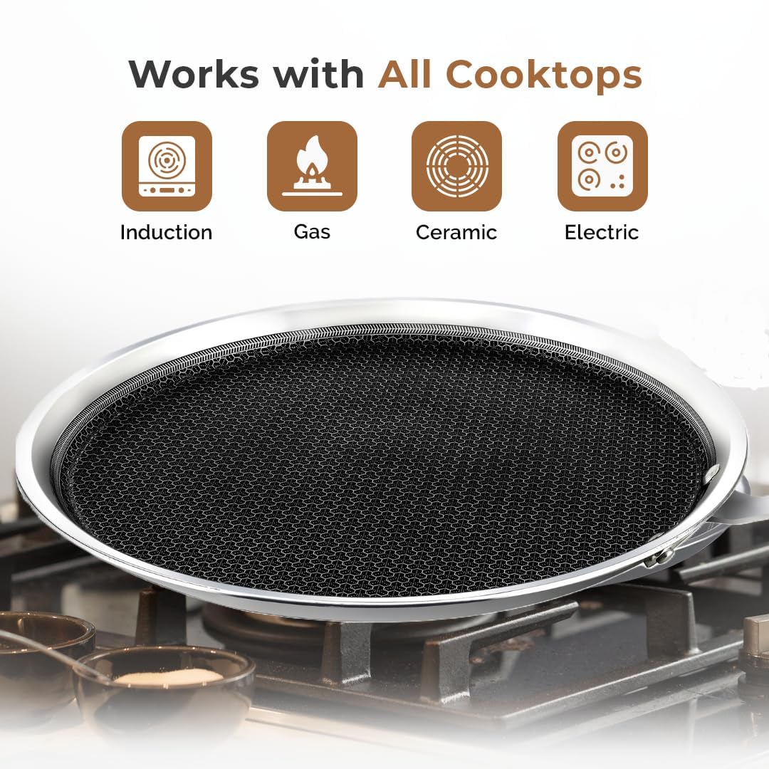 PRADEEP Stainless Steel Triply Non-Stick Honeycomb Dosa Tawa 29cm|for Dosa,Uthappam, Chapati,Naan,Dry Fry|Metal Utensil Safe&Scratch Resistant|Ergonomic Handle|Even Heating|Induction&All Cooktops