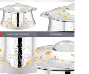 PRADEEP AVA Stainless Steel Insulated Serving Casserole with Design Lid/Double Walled/Stainless Steel Casserole/Hot & Cold/Dishwasher Safe/Serving Casserole/BPA Free/Easy to Carry/Silver-Gold