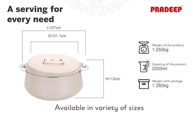 Pradeep Esteem Stainless Steel Insulated Serving Casserole, 1-Piece, Silver(PINK,BLUE, BEIGE,GREY)