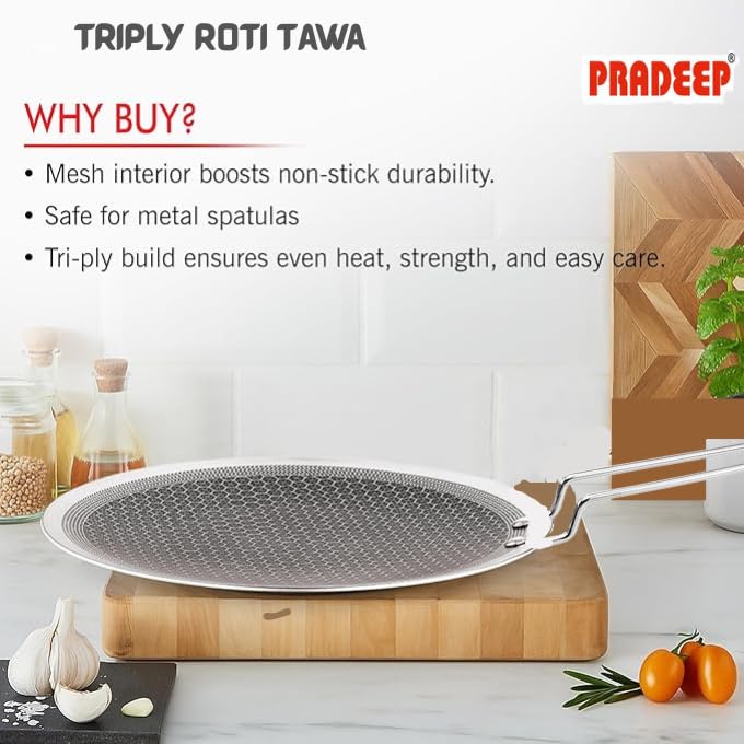 PRADEEP Stainless Steel Triply Non-Stick Honeycomb Roti Tawa 28cm|Concave Style|SS Riveted Handle|Gas & Induction Base|for Chapati,Naan, Dosa,Uthappam...