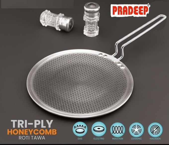 PRADEEP Stainless Steel Triply Non-Stick Honeycomb Roti Tawa 28cm|Concave Style|SS Riveted Handle|Gas & Induction Base|for Chapati,Naan, Dosa,Uthappam...