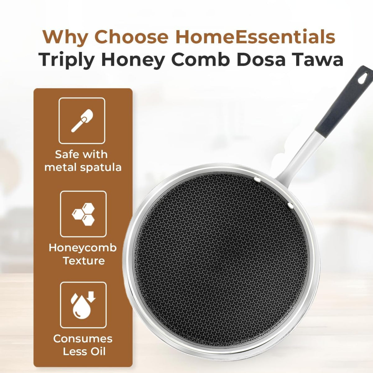 PRADEEP Stainless Steel Triply Non-Stick Honeycomb Dosa Tawa 29cm|for Dosa,Uthappam, Chapati,Naan,Dry Fry|Metal Utensil Safe&Scratch Resistant|Ergonomic Handle|Even Heating|Induction&All Cooktops