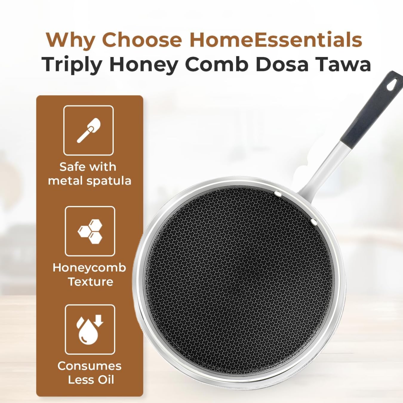 PRADEEP Stainless Steel Triply Non-Stick Honeycomb Dosa Tawa 29cm|for Dosa,Uthappam, Chapati,Naan,Dry Fry|Metal Utensil Safe&Scratch Resistant|Ergonomic Handle|Even Heating|Induction&All Cooktops