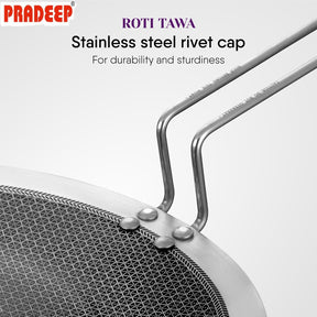 PRADEEP Stainless Steel Triply Non-Stick Honeycomb Roti Tawa 28cm|Concave Style|SS Riveted Handle|Gas & Induction Base|for Chapati,Naan, Dosa,Uthappam...