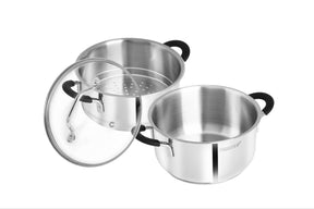 Pradeep Stainless Steel Steamer Pot with Glass Lid|2 Tier Multipurpose Steamer Pot for Modak,Momo,Dhokla,Idiyappam & Vegetable Steamer|Heavy Triply Bottom|Induction & Gas Compatible Cookware