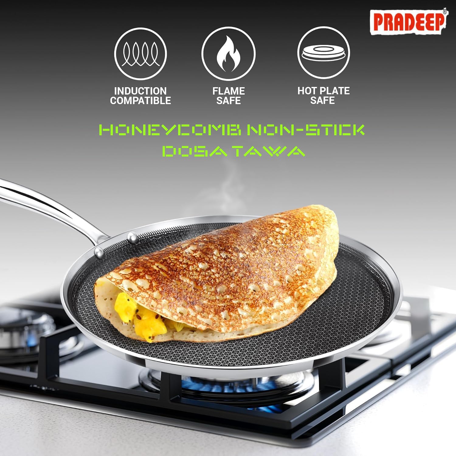 PRADEEP Stainless Steel Triply Non-Stick Honeycomb Dosa Tawa 29cm|for Dosa,Uthappam, Chapati,Naan,Dry Fry|Metal Utensil Safe&Scratch Resistant|Ergonomic Handle|Even Heating|Induction&All Cooktops