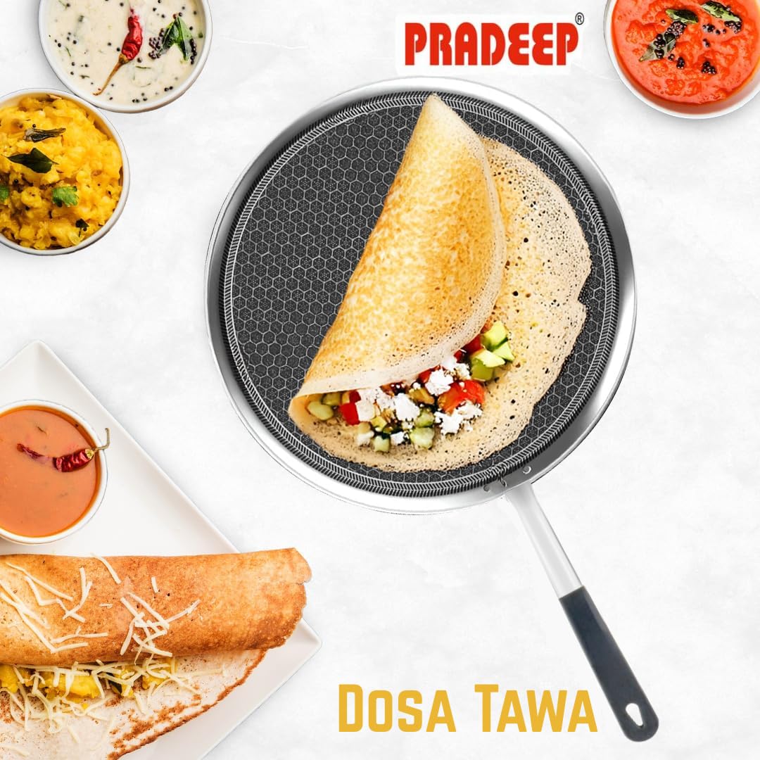 PRADEEP Stainless Steel Triply Non-Stick Honeycomb Dosa Tawa 29cm|for Dosa,Uthappam, Chapati,Naan,Dry Fry|Metal Utensil Safe&Scratch Resistant|Ergonomic Handle|Even Heating|Induction&All Cooktops